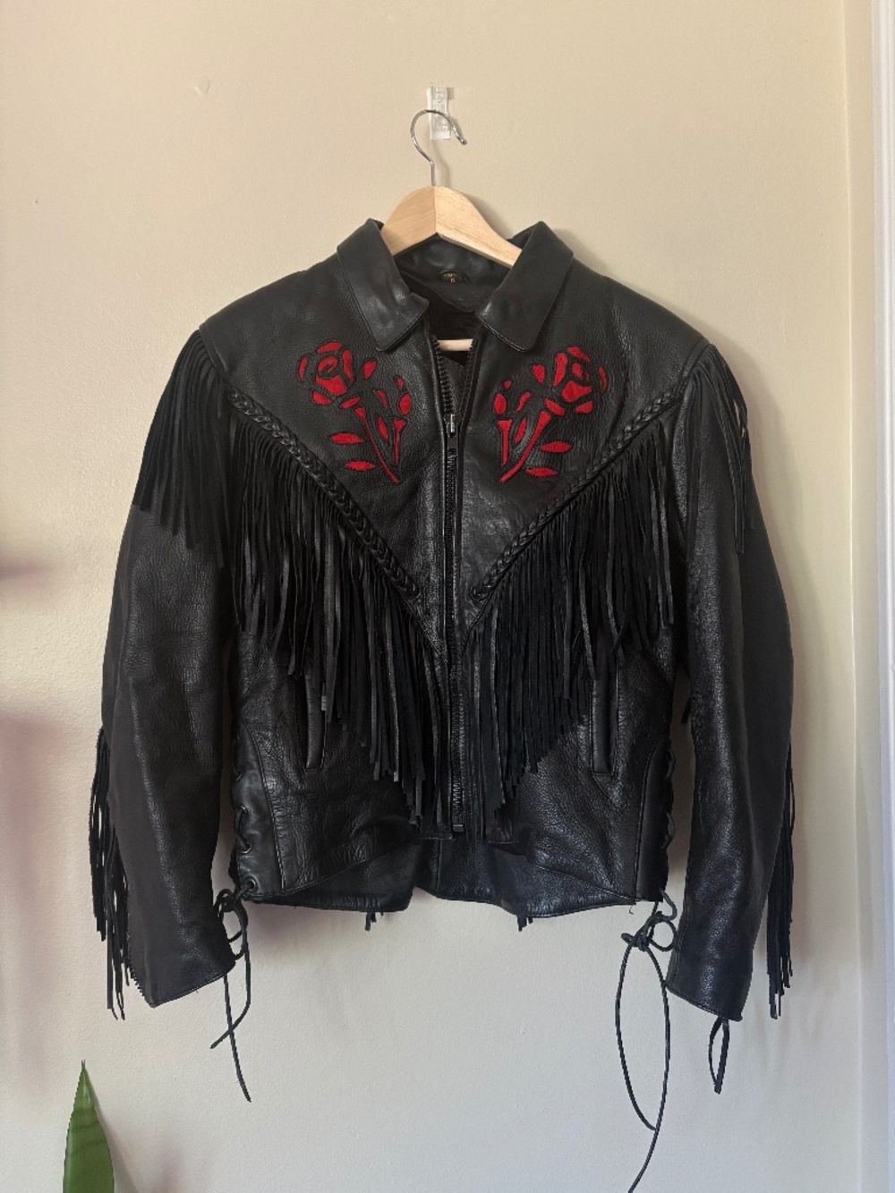 Vintage Black Leather Jacket with Fringe and Rose Details